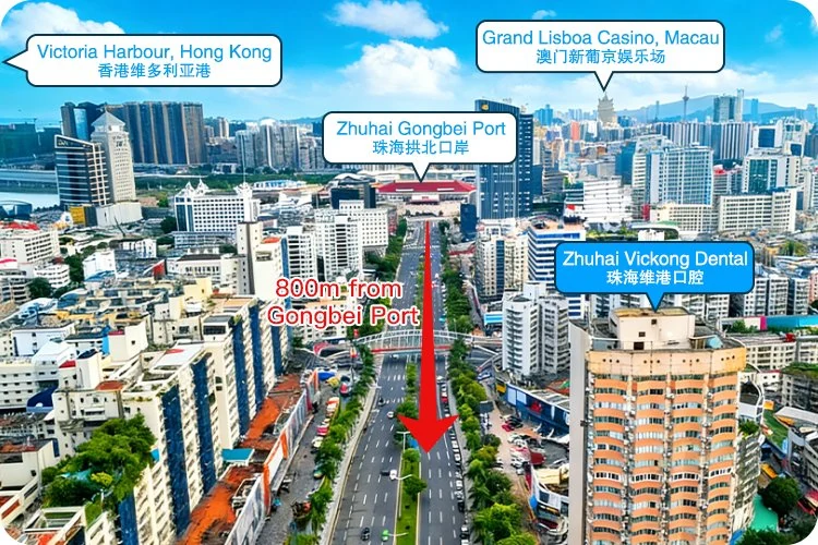 Map showing Zhuhai Vickong Dental location, 800m from Gongbei Port, near Victoria Harbour Hong Kong and Grand Lisboa Macau
